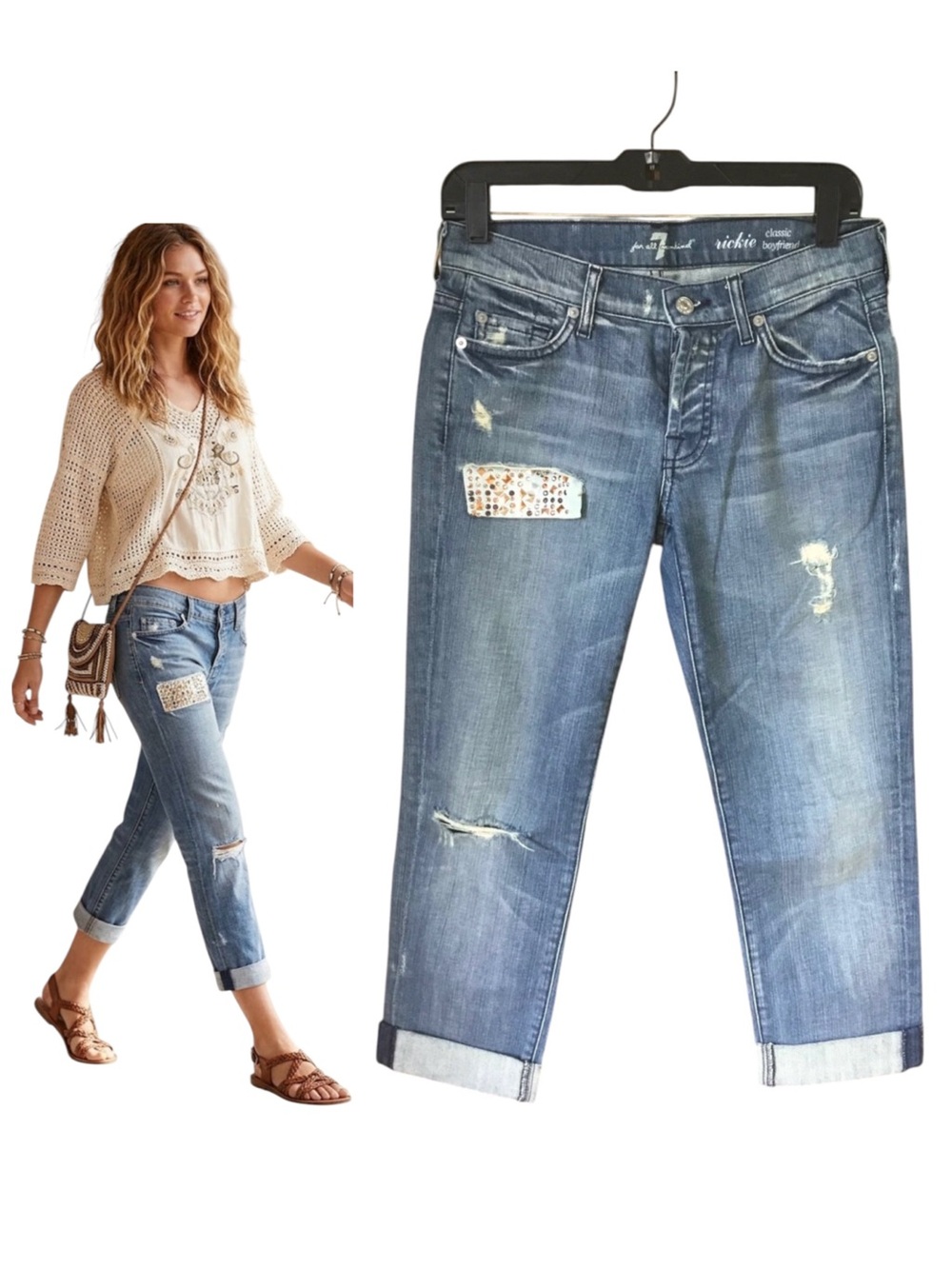 7 For All Mankind Rickie Classic Boyfriend Jeans Distressed Patch Ripped Size 30